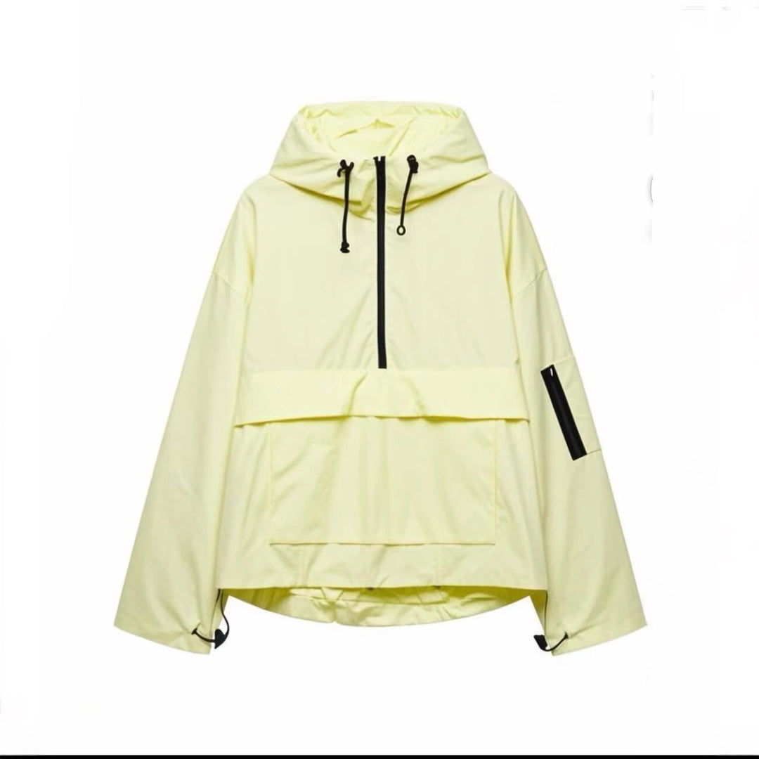 Damen Oversize Windbreaker-Anorak mit Kapuze, Halb-Reißverschluss und Kängurutasche Nord Taschen