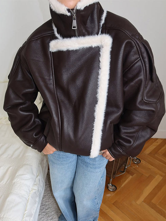 Damen Oversize Fliegerjacke aus Lederimitat mit asymmetrischer Kunstfell-Borte Nord Taschen
