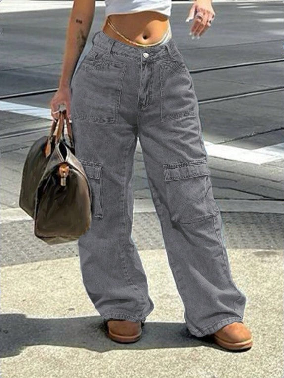 Damen Cargo-Jeanshose im weiten Baggy‑Cut mit hoher Taille und Utility‑Taschen Nord Taschen
