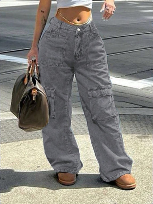 Damen Cargo-Jeanshose im weiten Baggy‑Cut mit hoher Taille und Utility‑Taschen Nord Taschen