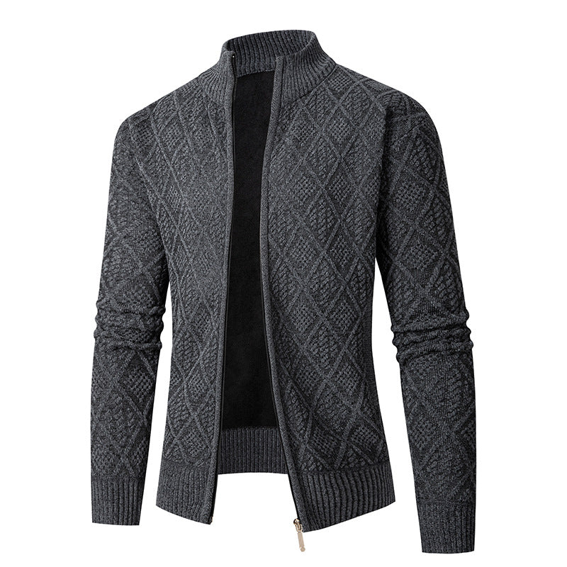 Herren Strickzipjacke mit Diamantjacquard, Stehkragen und Zweiwege-Reißverschluss Nord Taschen