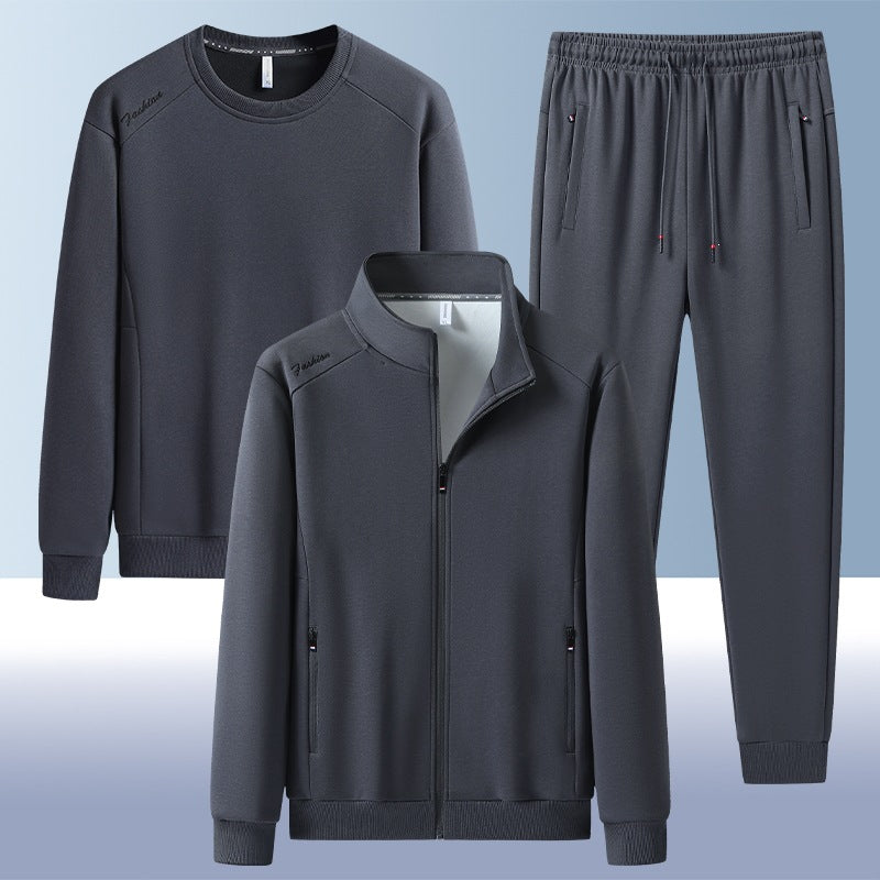 [Herren] Zweiteiliges Trainingsset mit Stehkragen-Zipjacke, Rundhals‑Sweatshirt und konisch geschnittener Jogginghose aus atmungsaktivem Fleece Nord Taschen