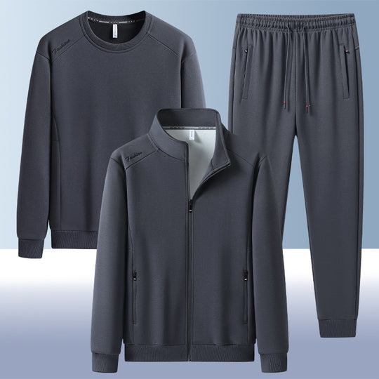 [Herren] Zweiteiliges Trainingsset mit Stehkragen-Zipjacke, Rundhals‑Sweatshirt und konisch geschnittener Jogginghose aus atmungsaktivem Fleece Nord Taschen