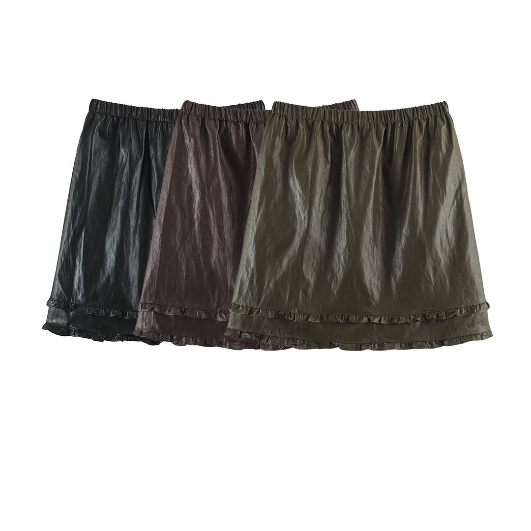 Damen Midirock aus beschichtetem Kunstleder mit elastischem Bund und doppellagigem Volantbesatz Nord Taschen