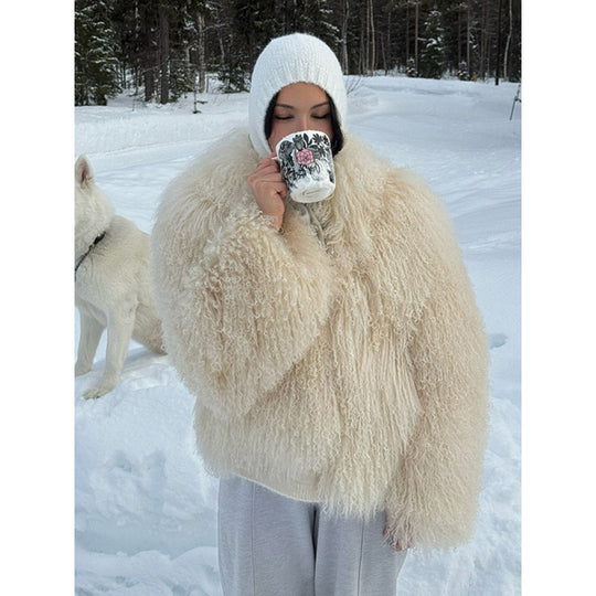 Damen Kuschelige Kurzjacke im Lammfell‑Look mit lockiger Long‑Pile‑Struktur Nord Taschen