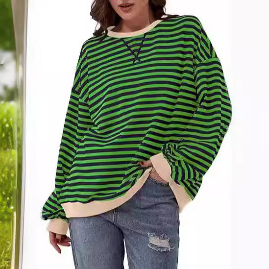 Damen Gestreifter Oversize Pullover mit Kontrastbündchen Nord Taschen