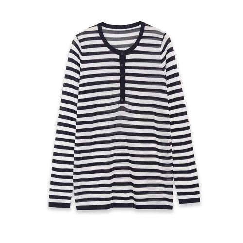 Damen Langarm-Shirt mit Knopfleiste und maritimen Streifen Nord Taschen