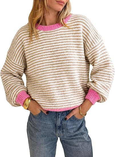 Damen Gestreifter Rippstrick-Pullover mit Kontrast-Bündchen Nord Taschen