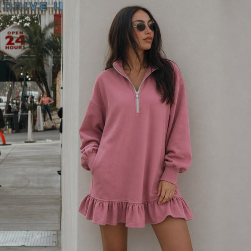Damen Oversize-Sweatkleid mit halbem Reißverschluss, Ballonärmeln, seitlichen Eingrifftaschen und Volant-Saum Nord Taschen
