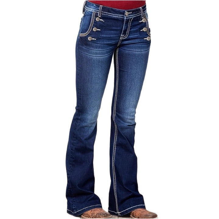 Damen Hochtaillierte Flared-Jeans mit dekorativen Metallknöpfen und Kontraststeppung Nord Taschen