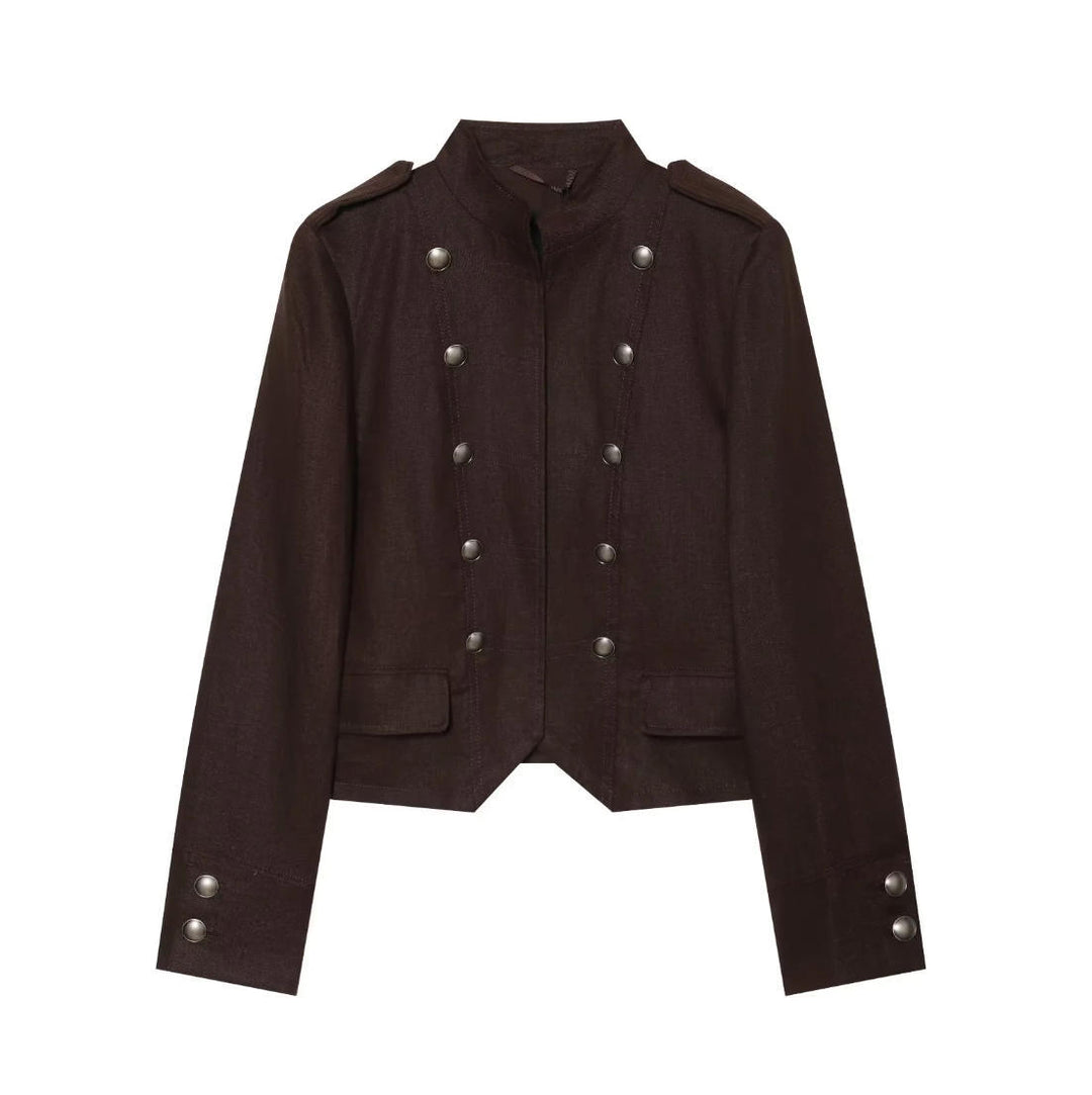 Damen Kurze Militärjacke im Uniformstil mit Stehkragen und dekorativen Druckknöpfen Nord Taschen