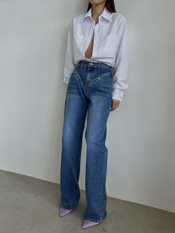 Damen hochgeschnittene weite Denim-Hose mit V-förmiger Bundnaht und extra-langem Bein Nord Taschen