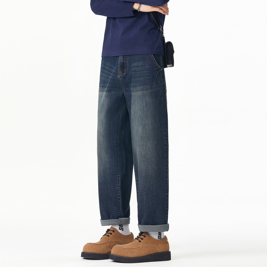 Herren Weite gerade geschnittene Denim-Jeans mit Used‑Wash und Umschlagbund Nord Taschen