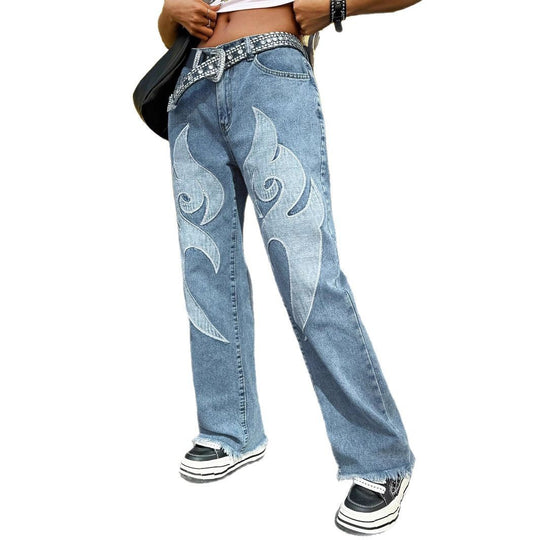 Damen Baggy-Jeans mit kontrastierenden Flammen-Applikationen & rohem Saum Nord Taschen