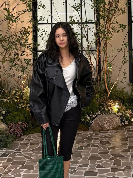 Damen Boxy-Lederimitat-Blouson mit strukturierter Narbung, doppelreihiger Knopfleiste & elastischem Saum Nord Taschen