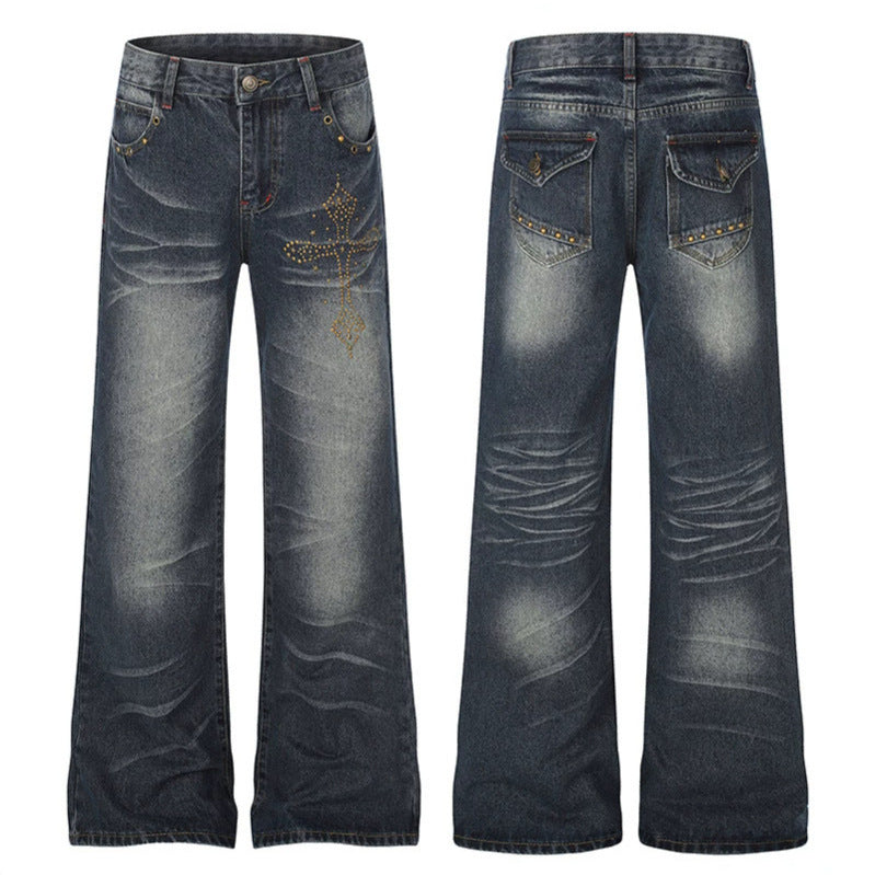 Damen Weite High‑Waist Palazzo-Jeans mit Zierstein‑Kreuzapplikation Nord Taschen