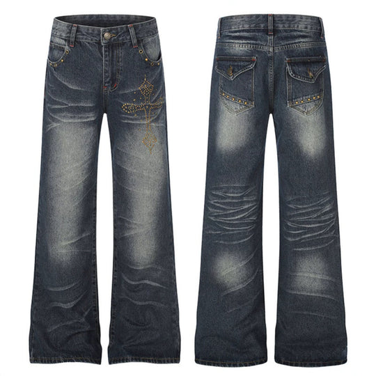 Damen Weite High‑Waist Palazzo-Jeans mit Zierstein‑Kreuzapplikation Nord Taschen