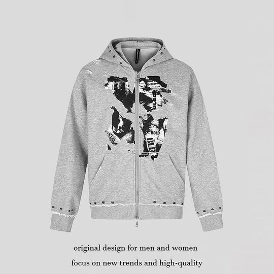 Damen Kapuzen-Sweatjacke mit zweiseitigem Reißverschluss, ausgefranstem Saum, Nietenbesatz und Collage-Print Nord Taschen