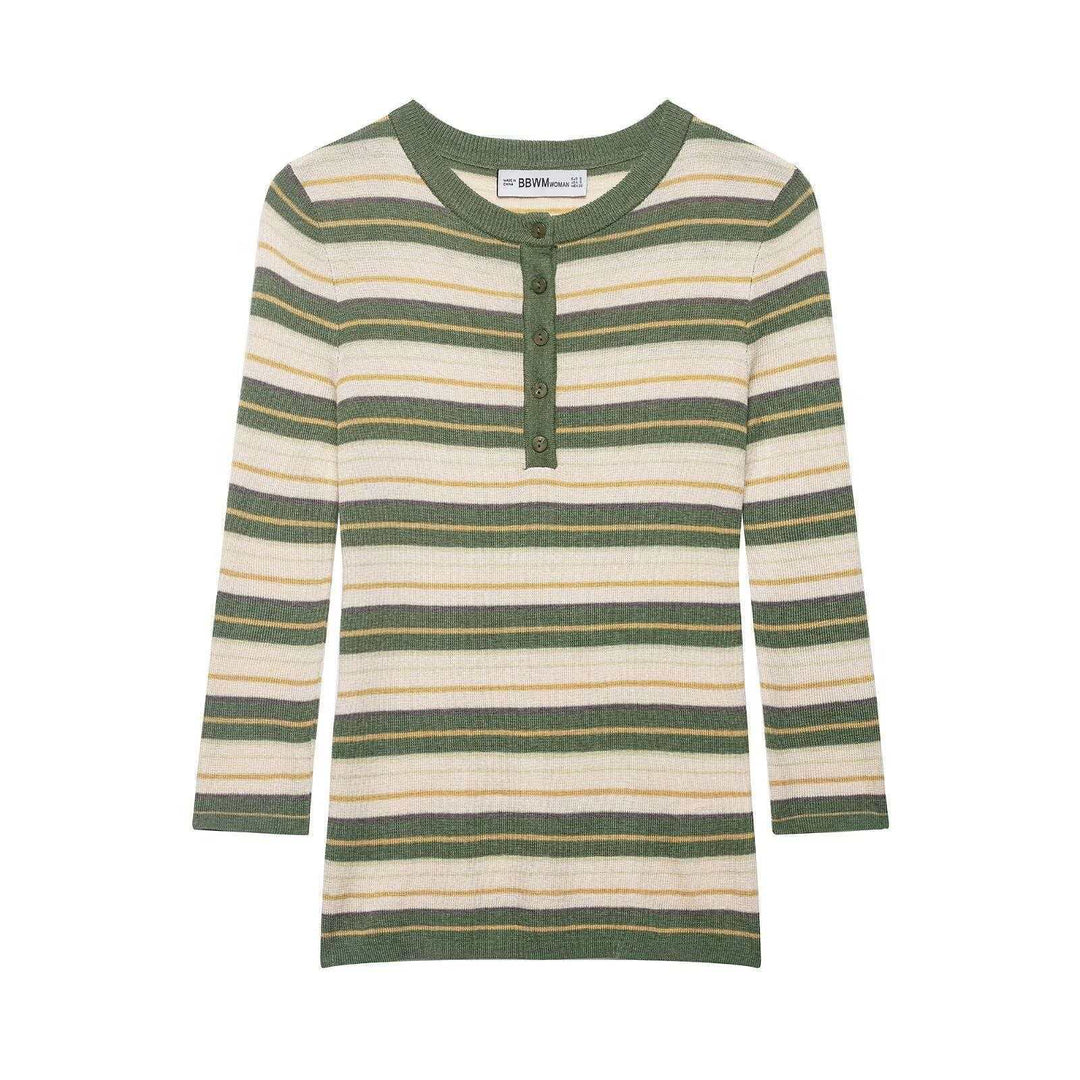 Damen Rippstrick-Longsleeve mit Henley-Knopfleiste und feinem Streifenmuster Nord Taschen