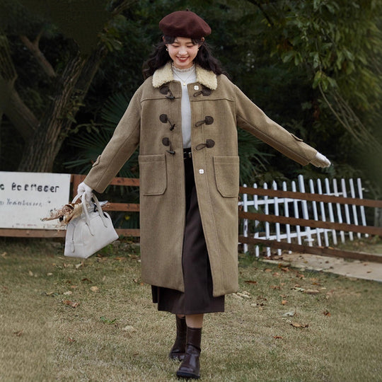 Damen Langer Duffle‑Mantel mit Teddykragen, Knebelverschlüssen und aufgesetzten Taschen Nord Taschen