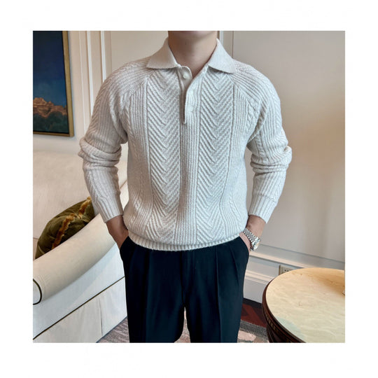 Herren Polokragen-Zopfstrick-Pullover mit halber Knopfleiste Nord Taschen