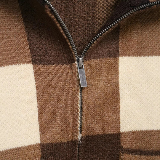 Damen Kariertes Strick-Cropped-Cardigan mit Reißverschluss und breitem Rippenkragen Nord Taschen