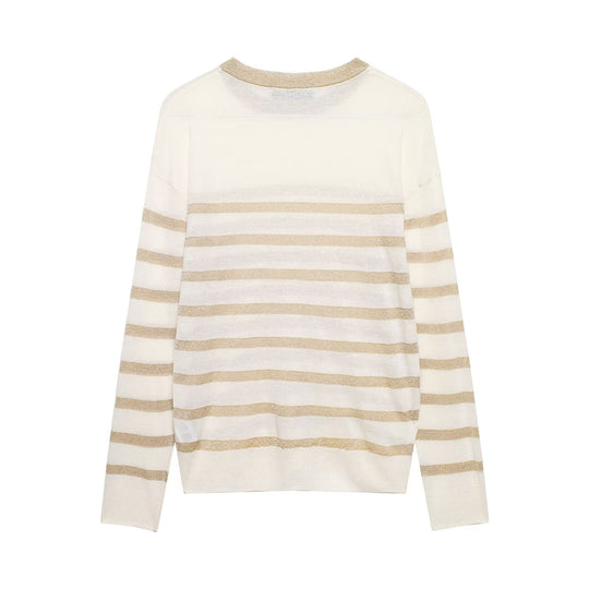Damen Leichter gestreifter Feinstrickpullover mit Metallic‑Streifen und Rundhalsausschnitt Nord Taschen