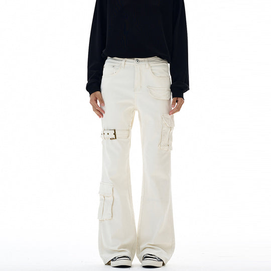 Damen Cargo-Flared-Jeans mit hoher Bundlinie, Utility-Taschen und Beinschnalle Nord Taschen