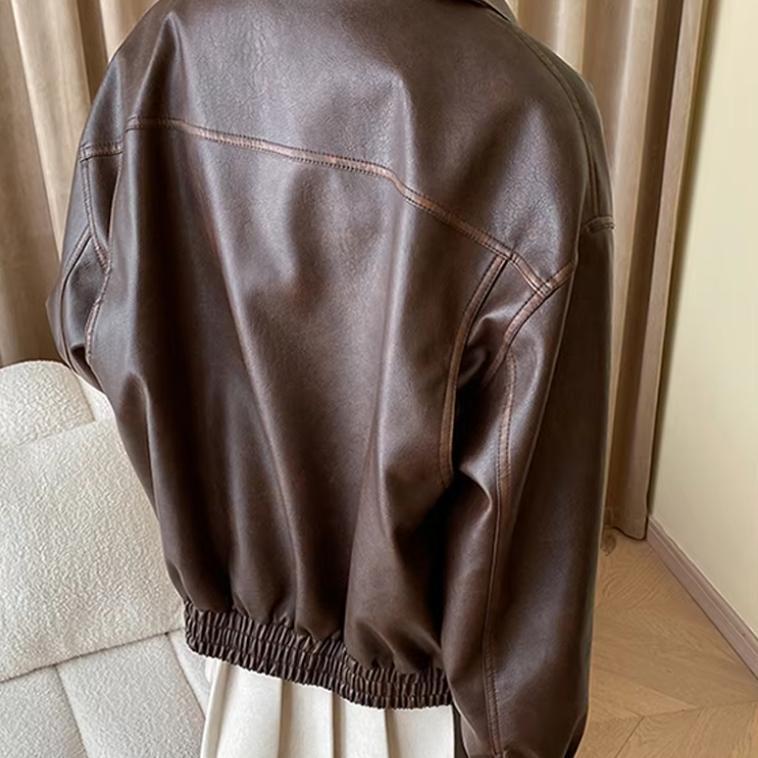 Damen Oversized-Kunstlederblouson mit Hemdkragen, aufgesetzten Pattentaschen und verdeckter Reißverschlussleiste Nord Taschen