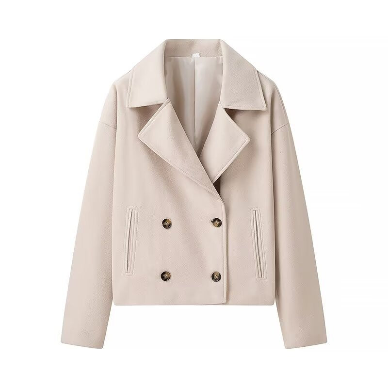 Damen Kurzer Zweireihiger Boxy-Peacoat aus Wollmix mit weitem Revers Nord Taschen