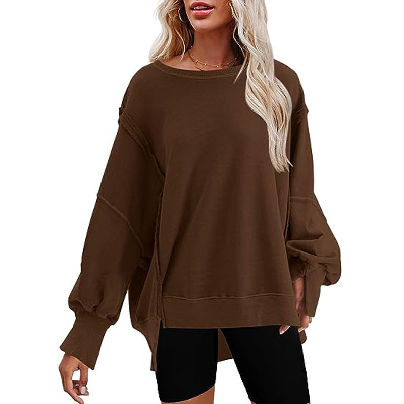 Damen Oversized Sweatshirt mit Ballonärmeln, seitlichen Schlitzen und offenen Kanten Nord Taschen