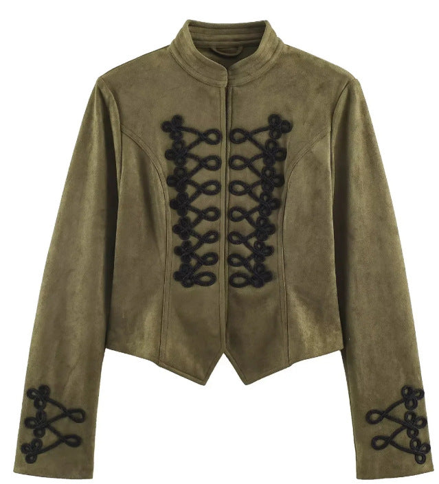 Damen Kurz geschnittene Wildlederjacke im Military‑Look mit Stehkragen und dekorativer Kordelfrosch‑Applikation Nord Taschen