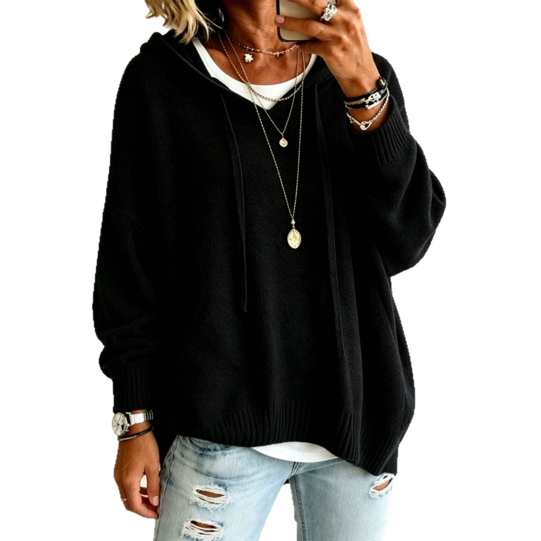 Damen Oversize-Kapuzensweater aus feinem Strick mit gerippten Bündchen Nord Taschen