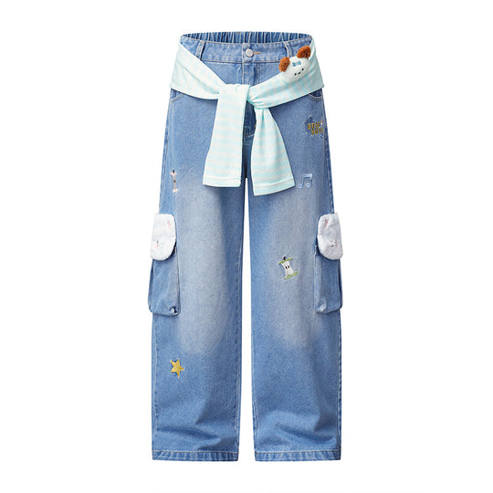 Damen Weiter Cargo-Jeans mit Plüschtaschen, Stickereien und elastischem Bund Nord Taschen