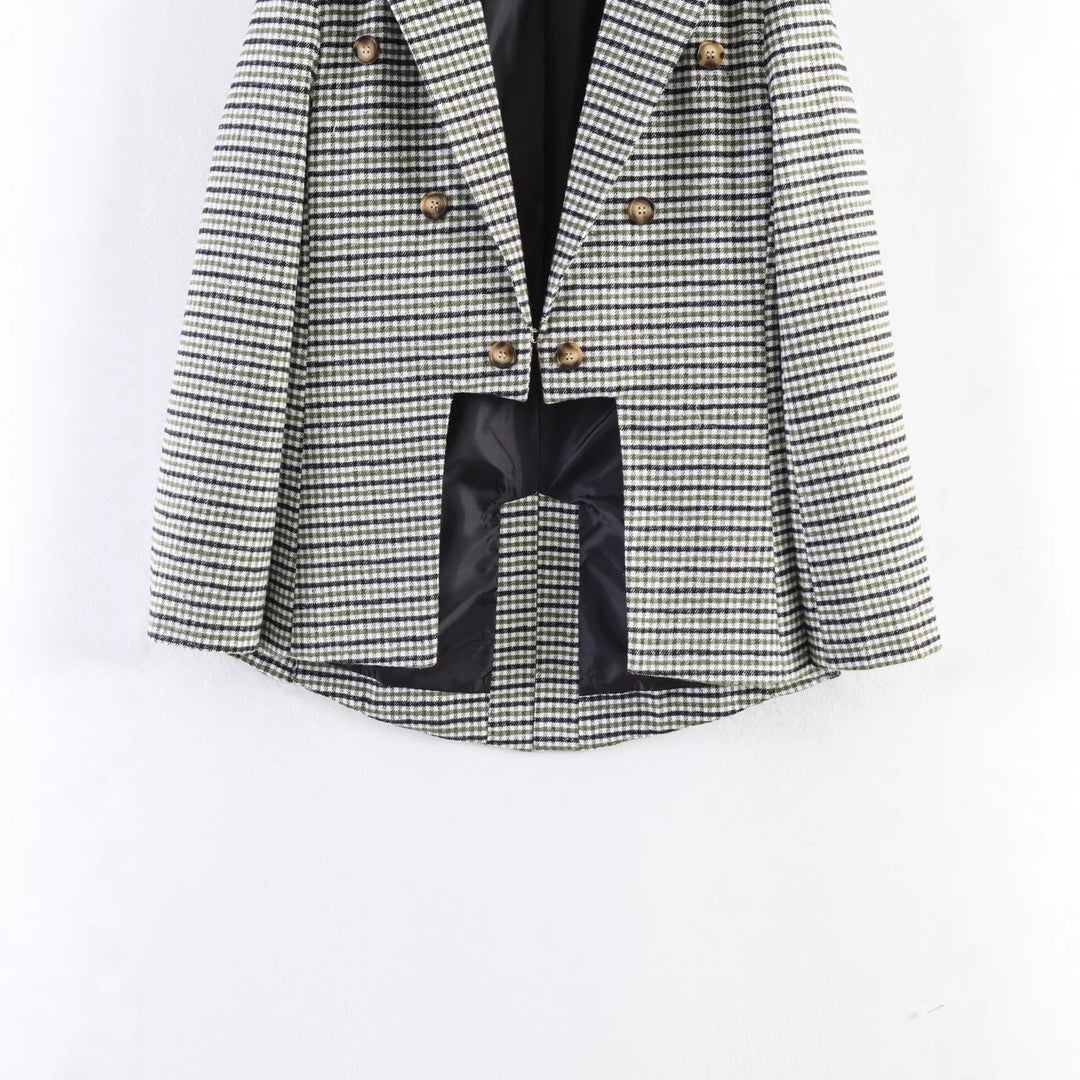 Damen Karo-Blazer mit asymmetrischem Cropped-Vorderteil und Holzknöpfen Nord Taschen