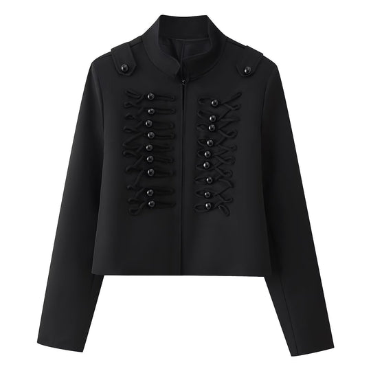 Damen Kurze uniforminspirierte Jacke mit Stehkragen und dekorativen Kordel‑Applikationen Nord Taschen