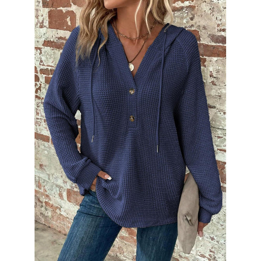 Damen Waffelstrick-Hoodie mit Henley-Knopfleiste und Oversize-Schnitt Nord Taschen