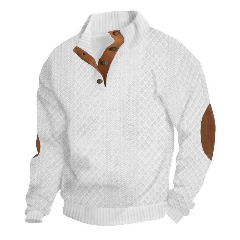 Herren Strukturierter Aran-Strickpullover mit halbem Knopfleistenkragen und Leder-Ellbogenpatches Nord Taschen