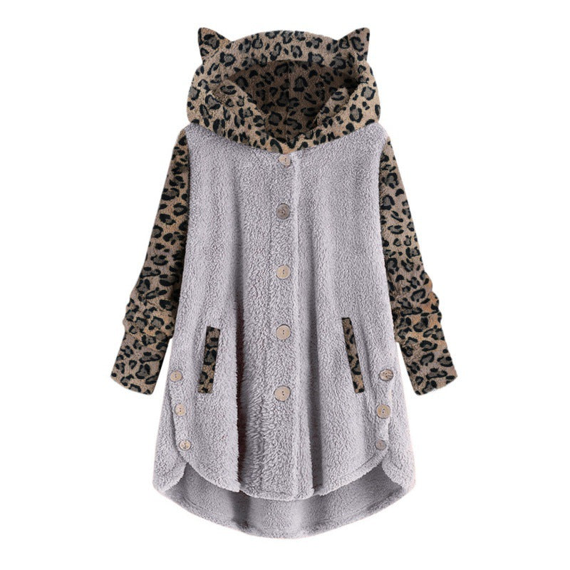 Damen Teddy‑Mantel mit Kapuze Knopfleiste und kontrastierenden Leopardenärmeln Nord Taschen
