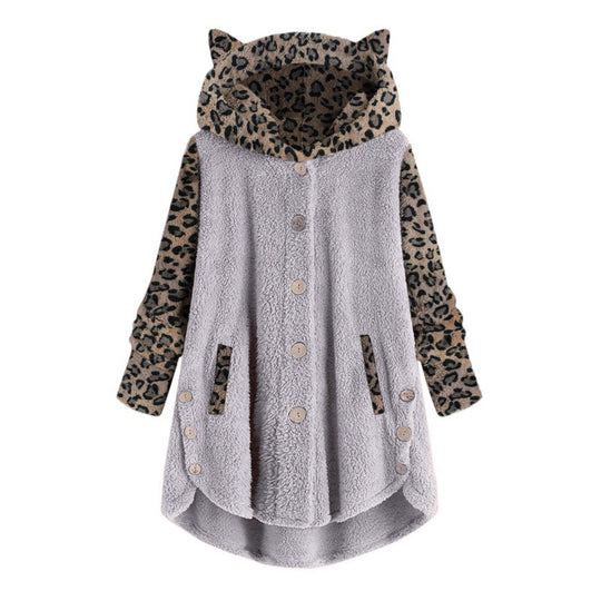 Damen Teddy‑Mantel mit Kapuze Knopfleiste und kontrastierenden Leopardenärmeln Nord Taschen