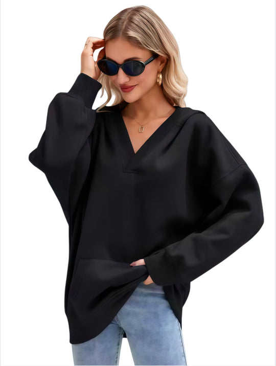 Damen Oversize V-Ausschnitt Hoodie mit Kapuze, Kängurutasche und verlängertem Saum Nord Taschen