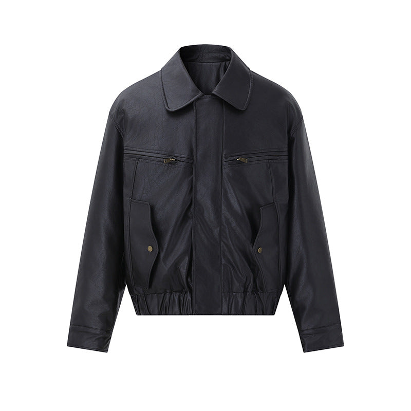 Herren Kurzer Boxy-Lederblouson mit Pattentaschen und elastischem Bund Nord Taschen