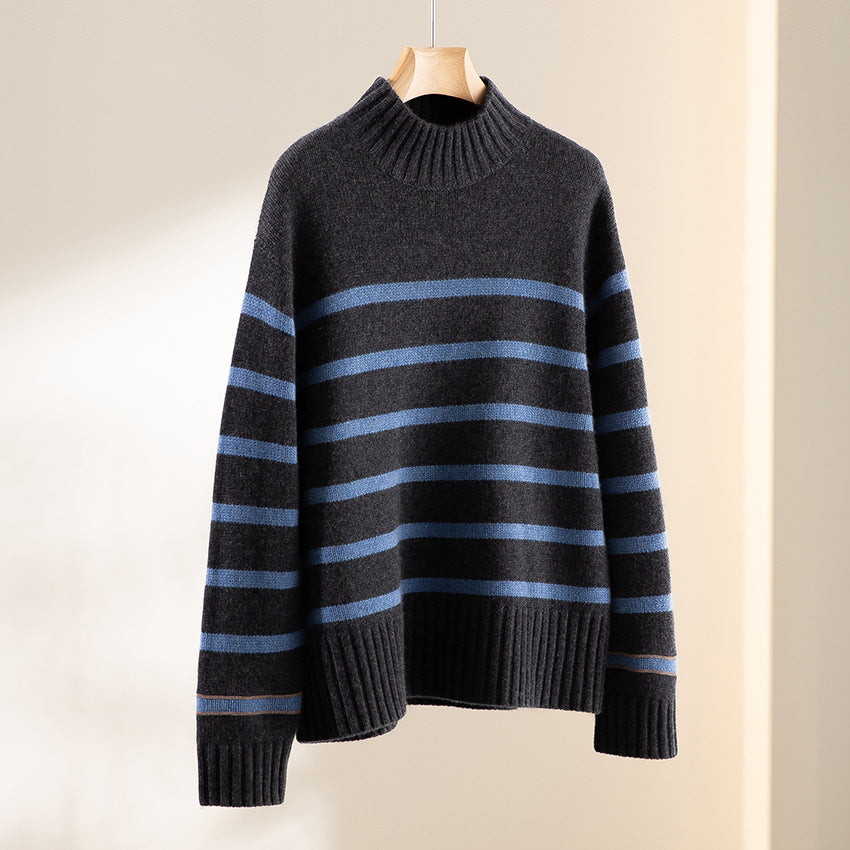 Damen Gestreifter Feinstrick-Pullover mit halbhohem Rippkragen und geripptem Saum Nord Taschen