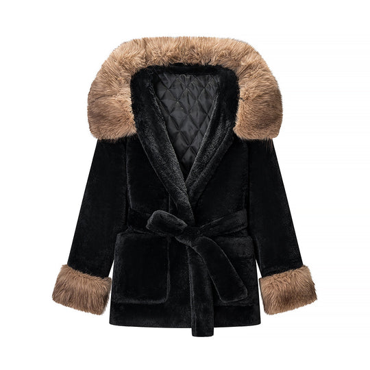 Damen Kurzer Teddy-Kunstpelz-Mantel mit Kapuze, Steppfutter und Bindegürtel Nord Taschen