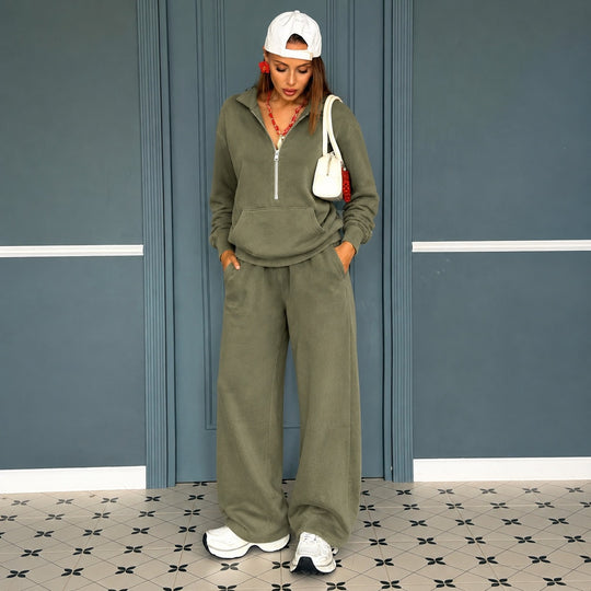 Damen lässiges Zip-Sweatset mit Polokragen und weitem Jogger-Schnitt Nord Taschen