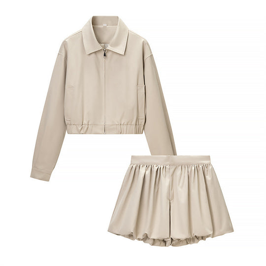 Damen Kurze Blousonjacke aus veganem Leder mit Reißverschluss und elastischem Saum Nord Taschen