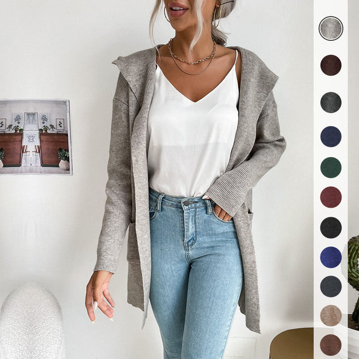 Damen Langärmlige Strickjacke mit Kapuze und seitlichen Taschen