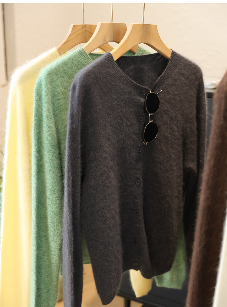 Damen Flauschiger Mohair-Optik Knopf-Cardigan mit Rundhalsausschnitt Nord Taschen
