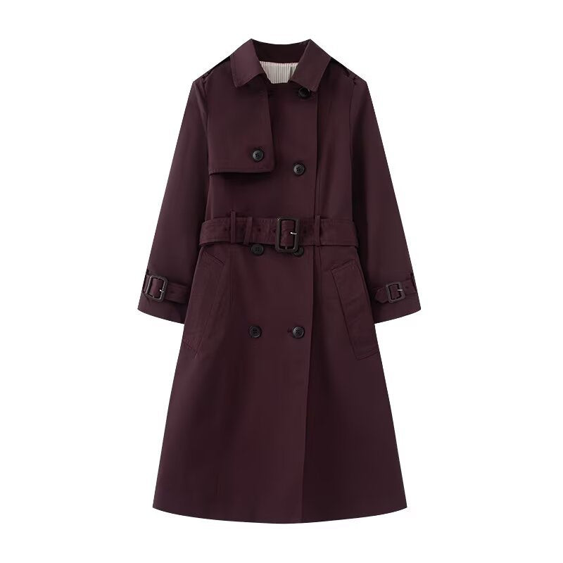 Damen Langer taillierter Trenchcoat mit doppelreihiger Knopfleiste, Taillengürtel und Ärmelriegel Nord Taschen