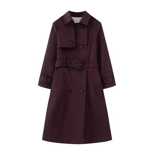 Damen Langer taillierter Trenchcoat mit doppelreihiger Knopfleiste, Taillengürtel und Ärmelriegel Nord Taschen